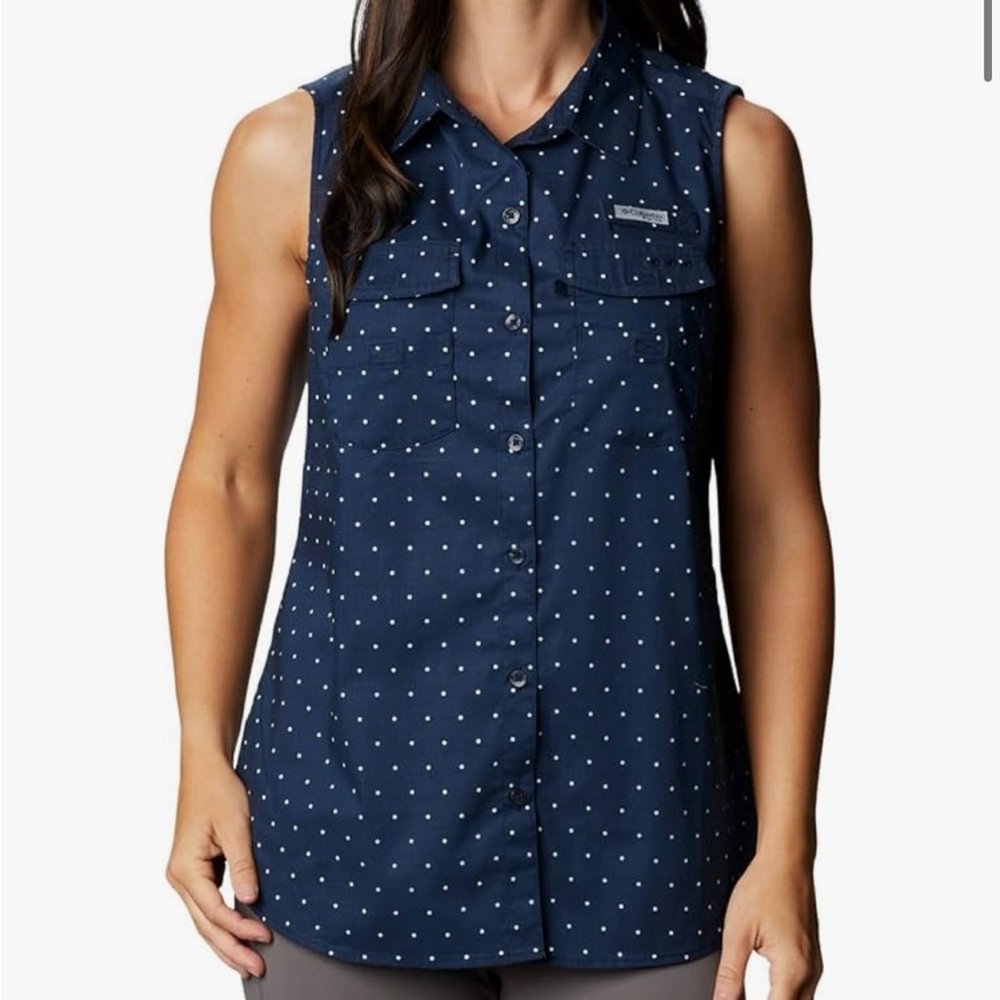 Columbia Women's Navy Button Down Polka Dot Shirt
